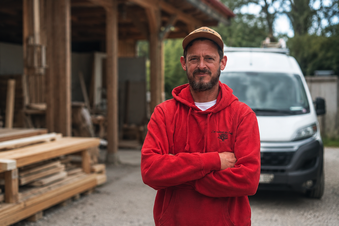Tom, artisan couvreur zingueur et charpentier bois, en tenue Les Cabanes de Charly devant son atelier à Marmande